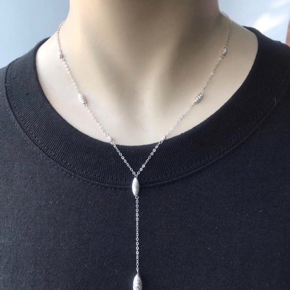 Macy’s Women’s Sterling Silver Necklace – Y-Design with Textured Beads (Brand Ne